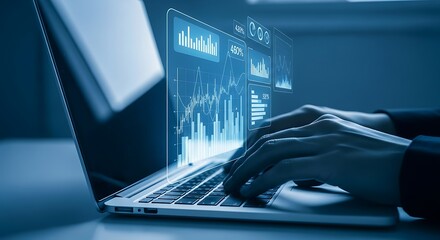 Hands typing on a laptop displaying financial data and charts in blue tones, suggesting analysis, investment, or technology.