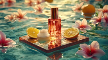 Tropical glow cream luxury skincare set featuring amber bottle and cream jar surrounded by citrus fruits and plumeria blossoms on water surface