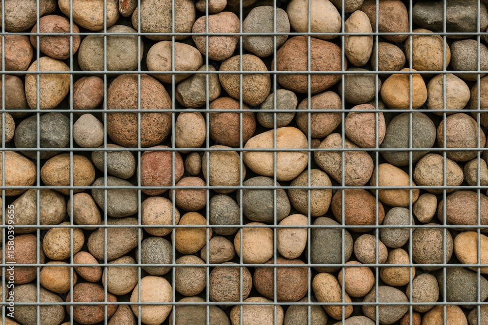 Poster different sizes of stones embedded in wire mesh for a rock fence backdrop