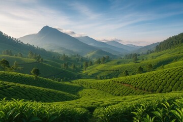 Morning scenes at lush tea plantations in a scenic hill station