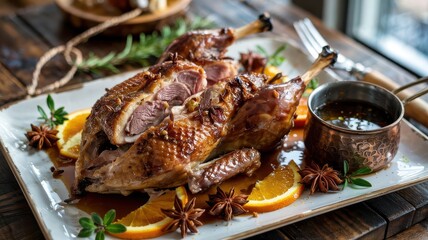 Star anise duck roasted with glazed skin carved and served on white rectangular platter with orange slices and fresh herbs garnish alongside sauce bowl