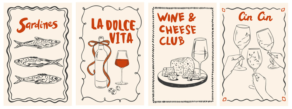 Hand drawn crayon food illustration. La Dolce vita sketch lunch or dinner, mediterranean. Picnic in french or italian style. Vector chalk charcoal style drawing for for invitations, menus, parties