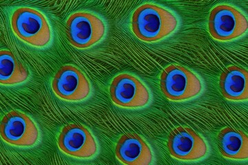 Obraz premium Vividly colored peacock feather close-up showcasing intricate textures and eye-like patterns