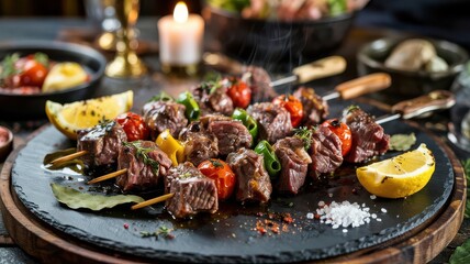 Portuguese espetada skewers with beef chunks, cherry tomatoes and bay leaves on slate platter, grilled lemon wedges, coarse sea salt, candlelit restaurant setting