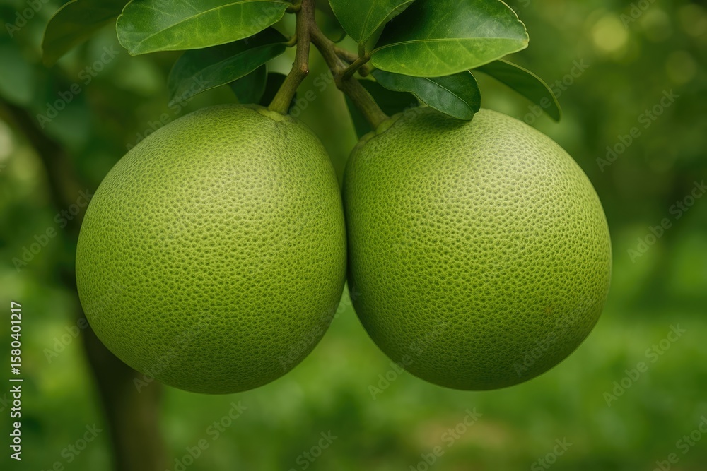 Poster close-up of lush green pomelos dangling from tree branches showcasing textured skins and unique spot