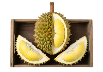 Isolated Cut Durian Exotic Tropical Fruit in Wooden Tray on Black