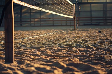 Empty beach volleyball court with net and ball at sunset, creating a serene and inviting atmosphere