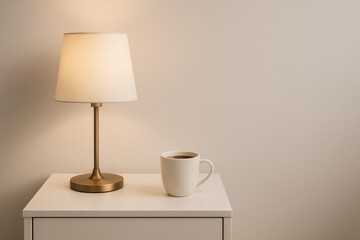 Elegant lighting and beverage on a white bedside table in a cozy room