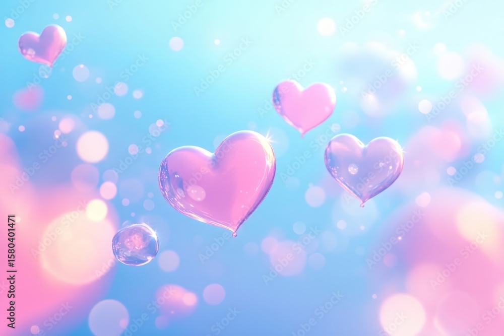 Poster gradient background with hearts atmosphere floating dreamy.