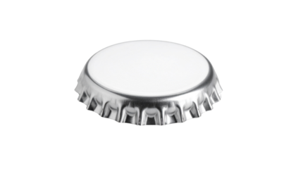 A shiny silver metal bottle cap with ridged edges, typically used to seal beverage bottles isolated on solid white background Png form
