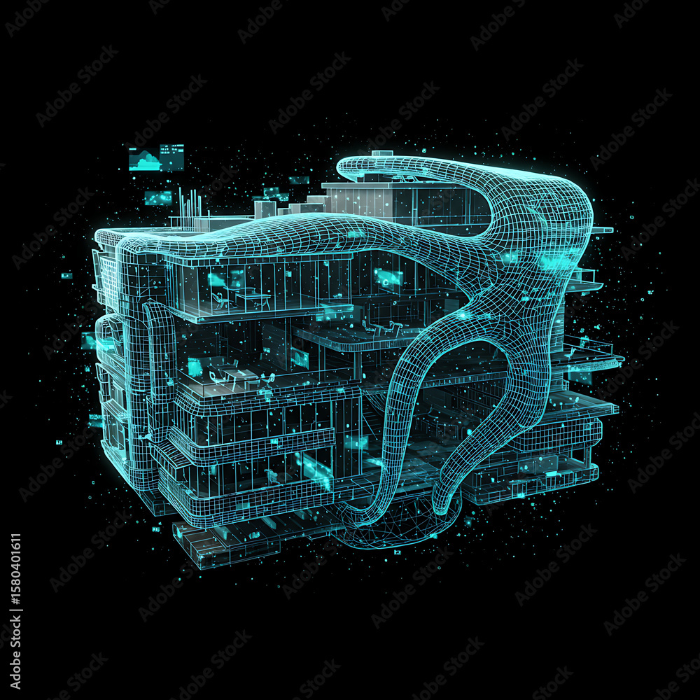 Poster a futuristic holographic wireframe rendering of a complex building with intricate internal structure