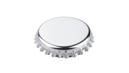 A shiny silver metal bottle cap with ridged edges, typically used to seal beverage bottles isolated on solid white background Png