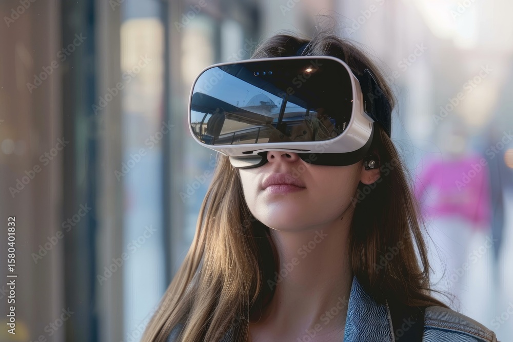 Poster student experiencing virtual reality using headset and exploring metaverse