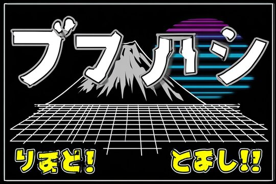 Retro graphic design featuring Mount Fuji,  Japanese text, and a  futuristic grid - Powered by Adobe