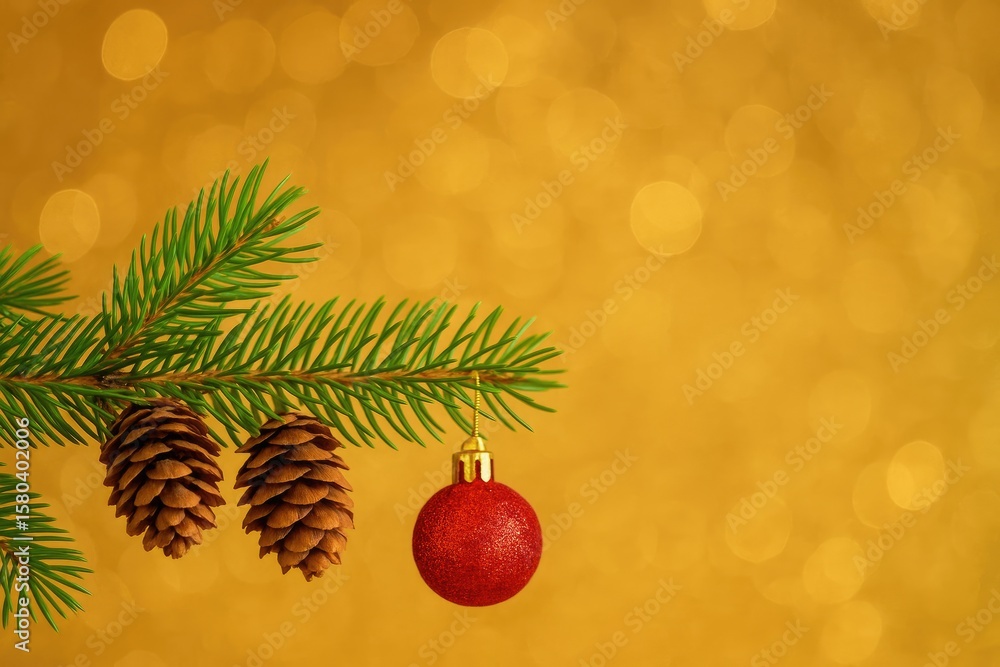 Poster festive holiday scene featuring a pine branch with cones and red ornaments against a bokeh backdrop 