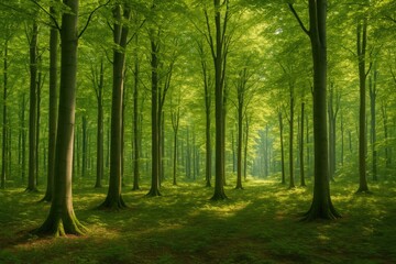 Fototapeta premium Ancient beech woodland with sunlit gaps in the background