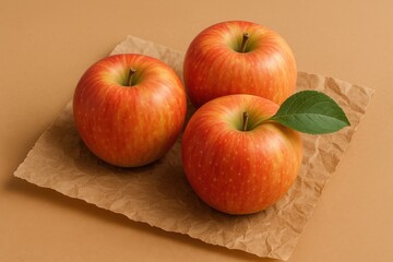 Three Honeycrisp Apples Resting on Eco-Friendly Brown Packing Paper Against a Neutral Background