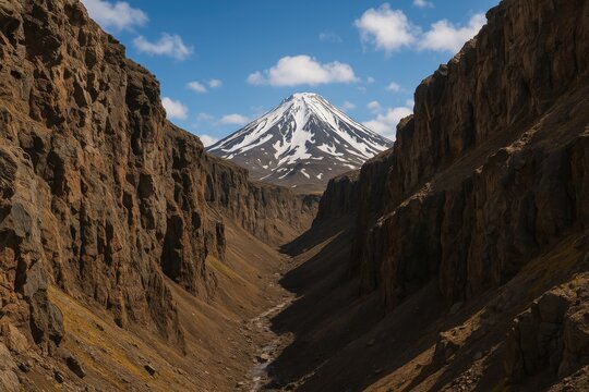 Scenic View of a Volcano from a Canyon in a Remote Wilderness Area