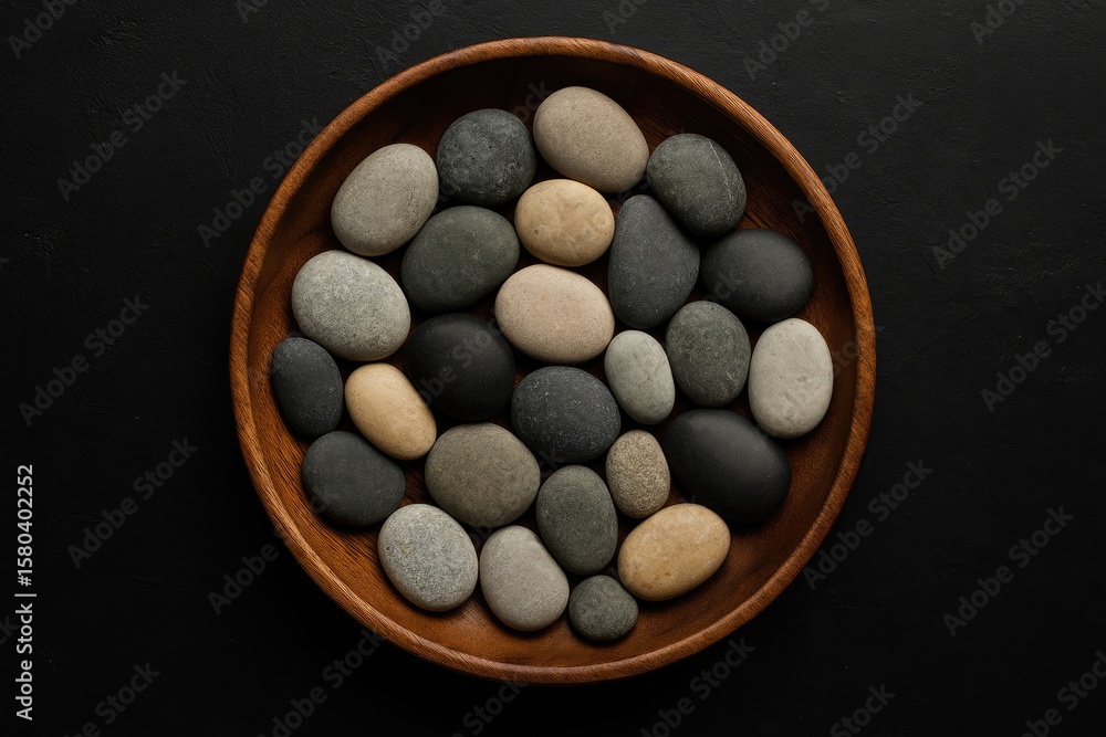 Poster pebbles arranged in a circular wooden container against a dark backdrop