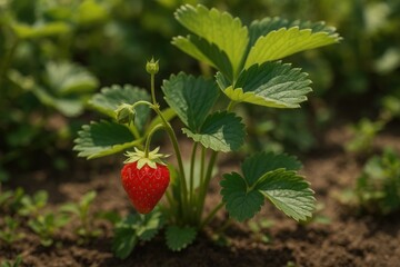 Close-up of a strawberry bush in a backyard setting with blurred background