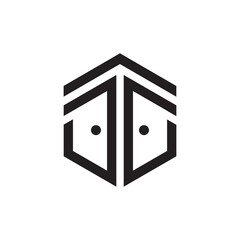 A hexagon featuring abstract, mirrored shapes resembling two doors or eyes, implying security and access.