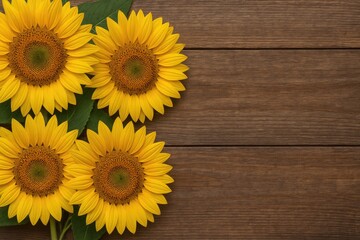 Vivid yellow sunflowers arranged on a rustic wooden surface with space for message