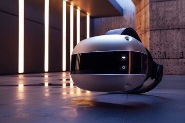 Obraz premium Vr headset placed on the floor of an empty room with futuristic lights, suggesting immersion and technological advancement