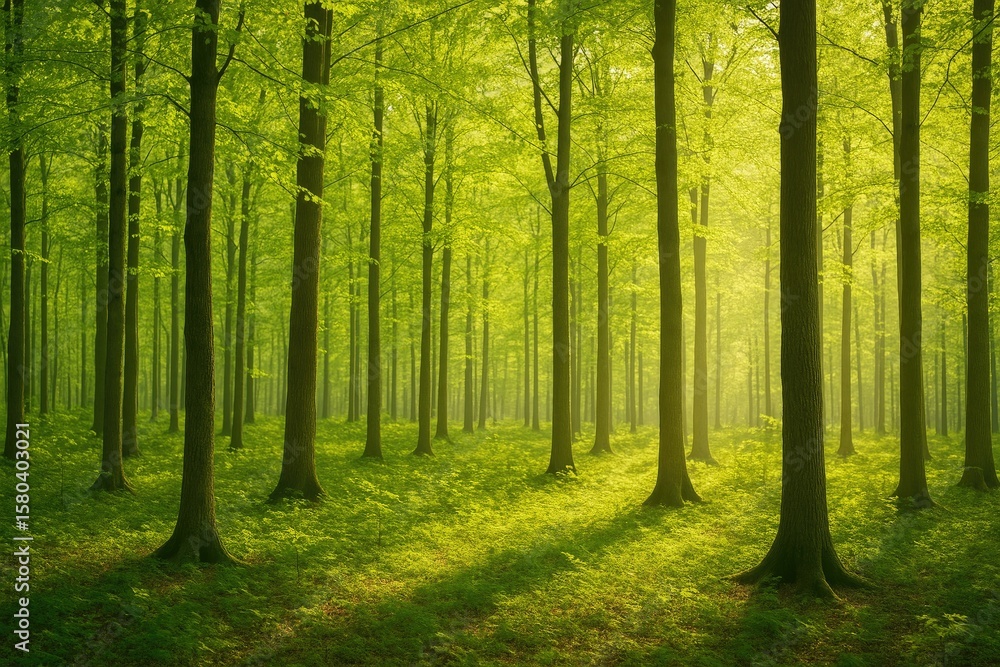Poster springtime forest with sunlight filtering through trees