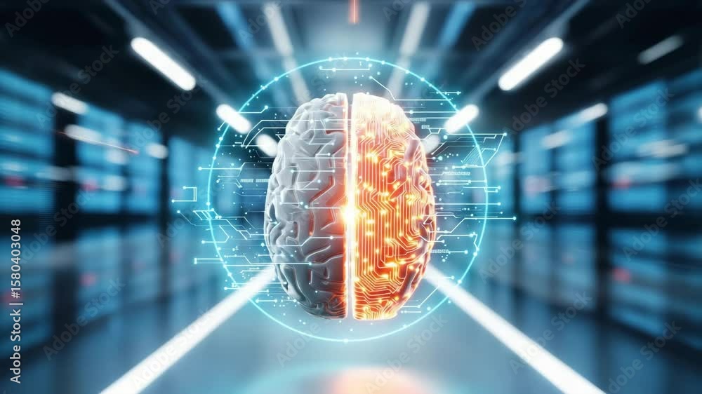 Poster futuristic brain visualization with circuit patterns in a high-tech digital environment