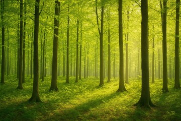 Fototapeta premium Springtime forest with sunlight filtering through trees