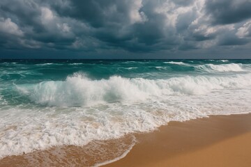 A turbulent sea with frothy wave tips during a storm