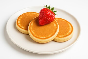 Miniature pancakes topped with strawberries on a white background