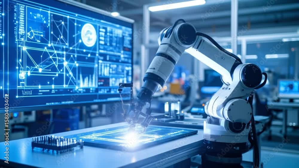 Poster advanced robotic arm precision soldering and circuit board manufacturing in technology lab