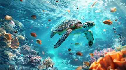 Translucent underwater world teeming with diverse marine life - sea turtles, iridescent fish