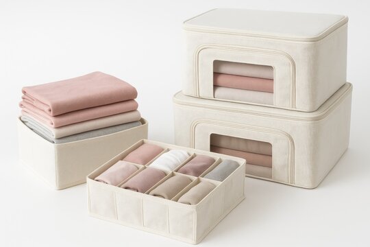 Clothing organization solutions in textile storage containers on a white backdrop