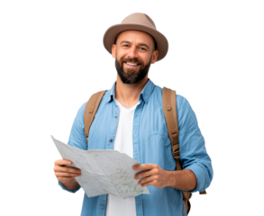 Adventurous traveler holding map in casual outfit on transparent background, PNG