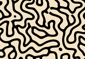 An intriguing abstract design showcasing organic black lines on a beige backdrop. Ideal for backgrounds, textiles, and artistic projects.
