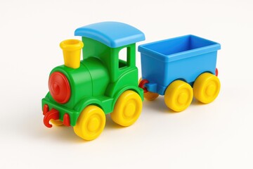 Model train and locomotive toy made of plastic on a plain white backdrop