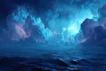 Fototapeta premium Stormy night over a vast ocean. Vast, turbulent clouds, lit by vibrant blue-purple lightning, dominate the scene above a dark, rippling sea