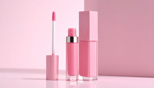 Pink Lip Gloss Duo: A pair of pastel pink lip gloss tubes, one with applicator, arranged elegantly, evoking a sense of subtle beauty and makeup charm.