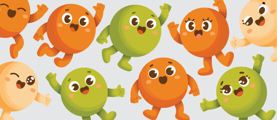 Obraz premium Cute Cartoon Orange and Green Circle Characters