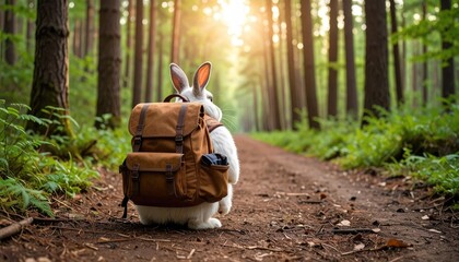 White rabbit with backpack in forest