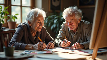 Drawing or painting class with two elderly people in a small group