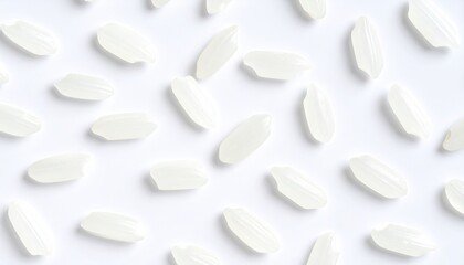 White rice grains scattered on white background