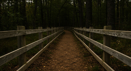 A secluded dirt path framed by a rustic wooden fence, leading into a dark, dense forest, conveying tranquility and nature's mystery.
