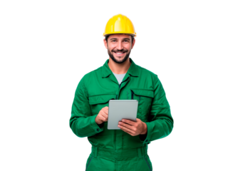 Construction worker using tablet for project management and data input on transparent background, PNG