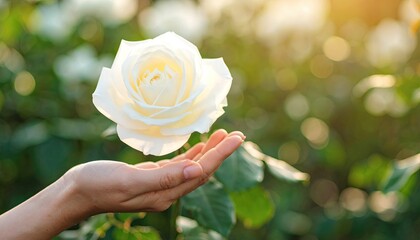 White rose held in a hand, bathed in sunlight