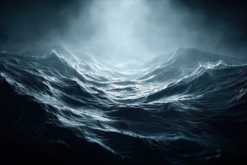Dark, stormy ocean waves illuminated by a light source