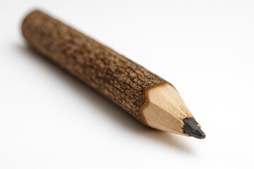 Close-up of a rustic wooden pencil with a shattered tip against a plain white backdrop, with selective focus