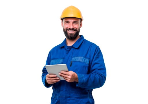 Smiling construction worker using digital tablet for project planning on transparent background, PNG